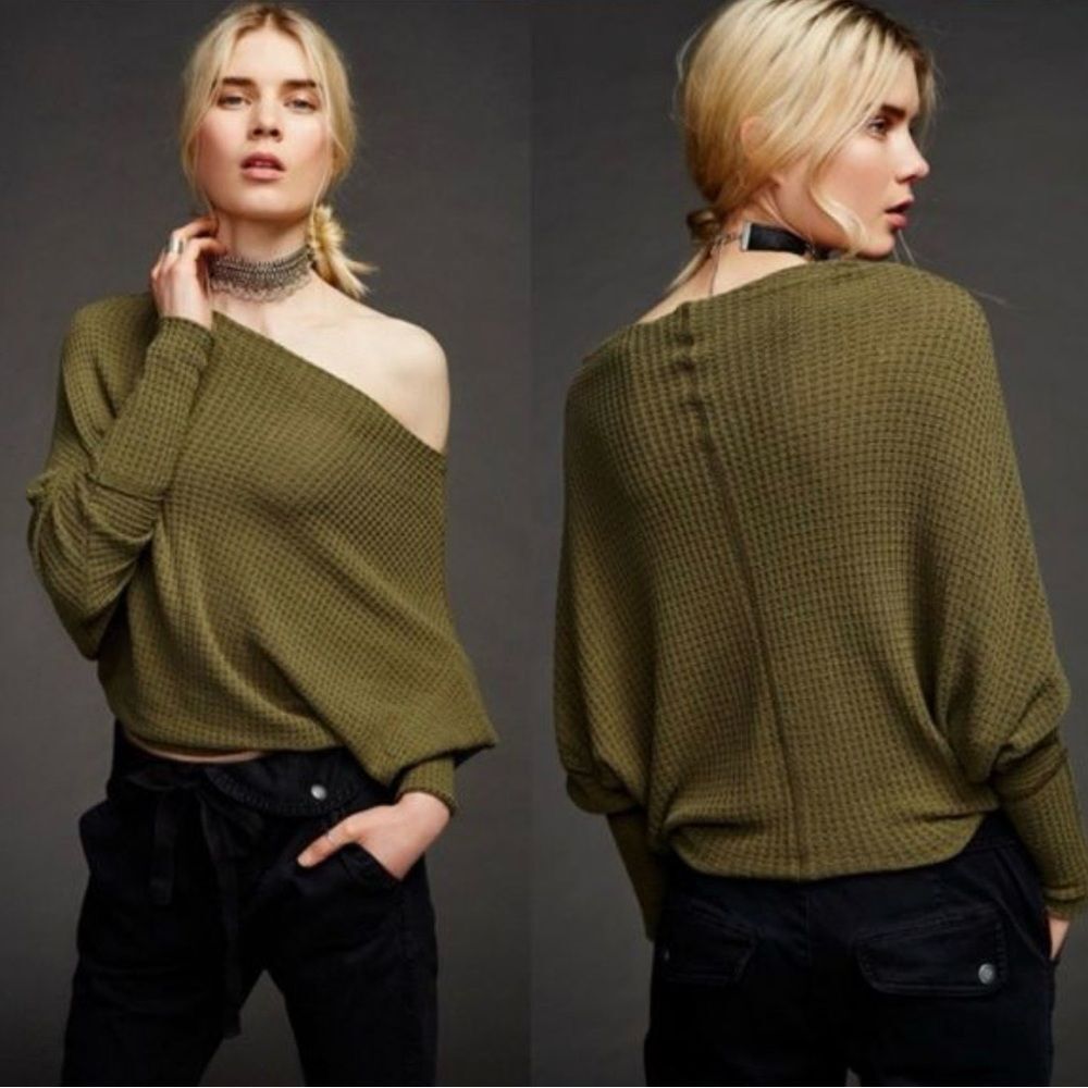 Free People Drippy Thermal  Long Sleeve Waffle Knit Slouchy Top in Olive | Small